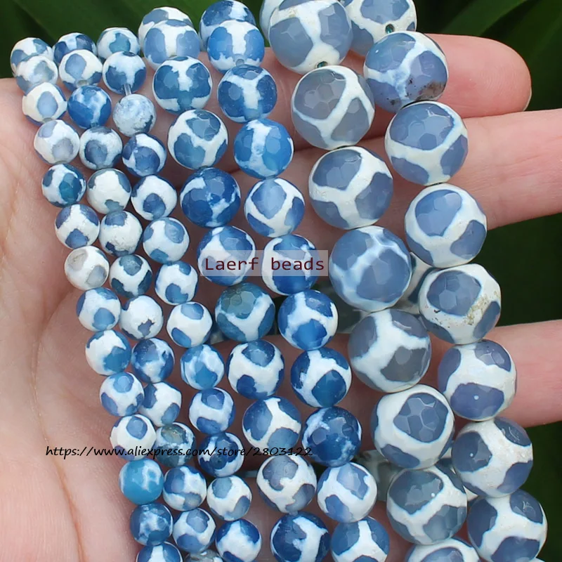 

Natural Faceted Blue WaterWave Dzi Agate 6-12mm Round space beads, For DIY Necklace Bracelet Jewelry Making !