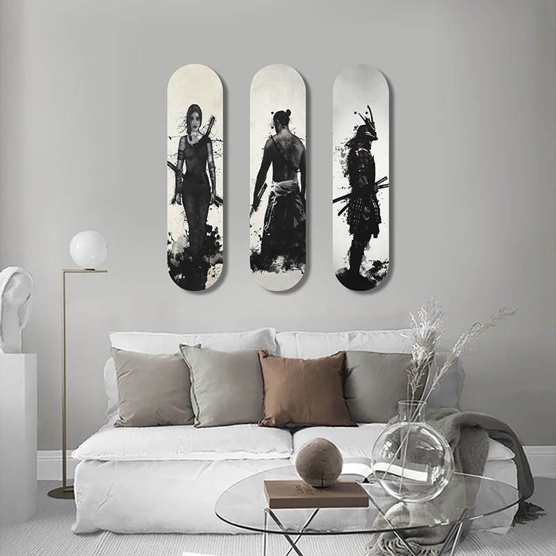 Japanese Ink Skateboard Wall Art Samurai Printed Wood Decor Pop Art Skateboard Mural for Home Living Room Decoration