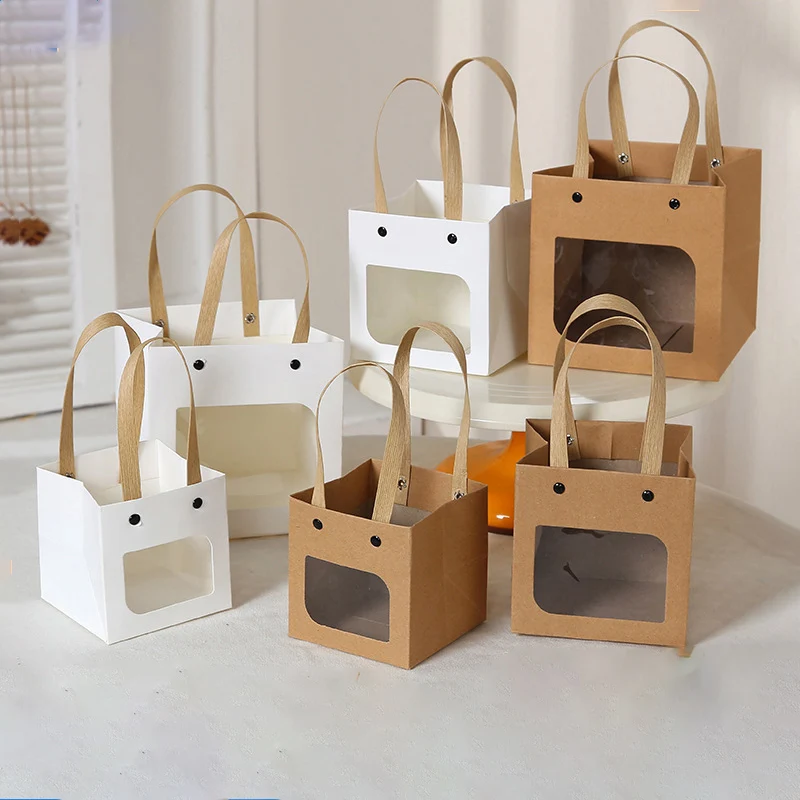 Kraft Paper Bag for Gift Packaging, Simple Open Window Gift Bag, Square Bottom, Party Decoration, Portable, 10PCs