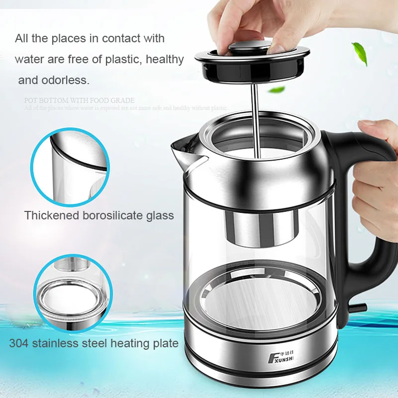 Théière en verre borosilicaté à haute teneur, régulation intelligente de la température et conservation de la chaleur, bouilloire domestique, 1,7 l