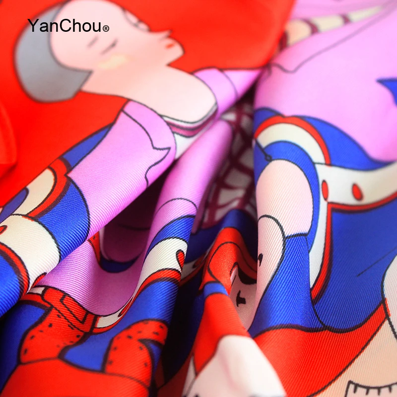 130*130cm Twill Silk Scarf Women Cartoon Designer Shawl Stole Hijab Soie Woman Print Silk Paris Scarfs
