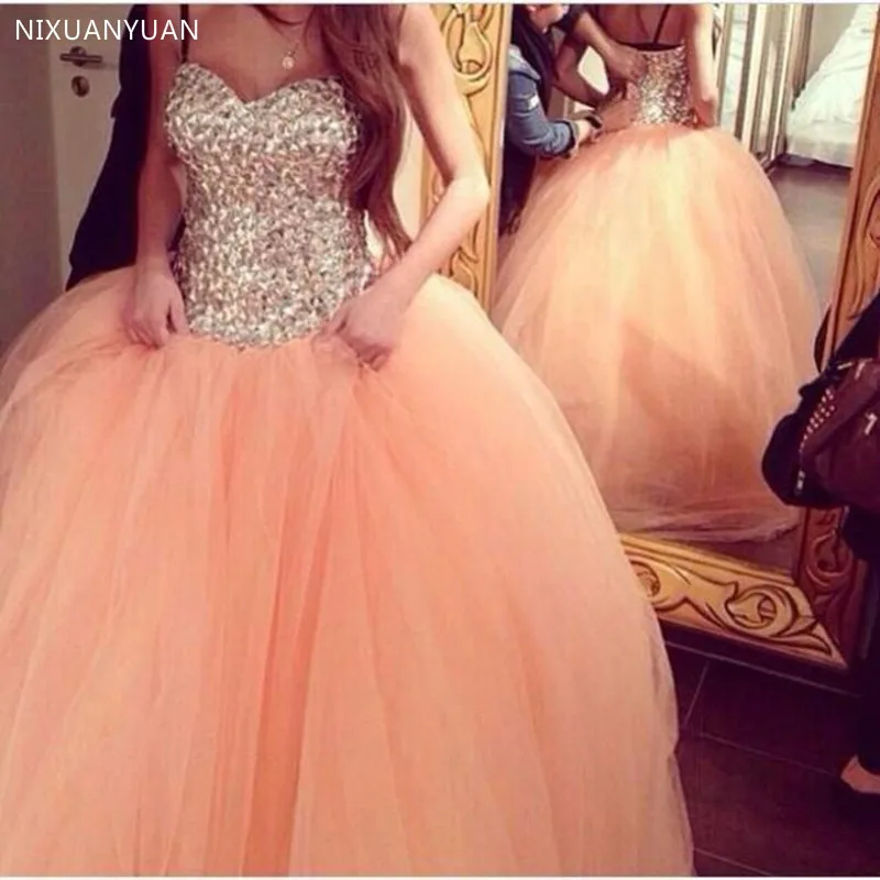 

Real Photo Gorgeous Sparkly Rhinestone Crystal Puffy Tulle Peach Ball Gown Quinceanera Dresses 2023 Formal Party Gown