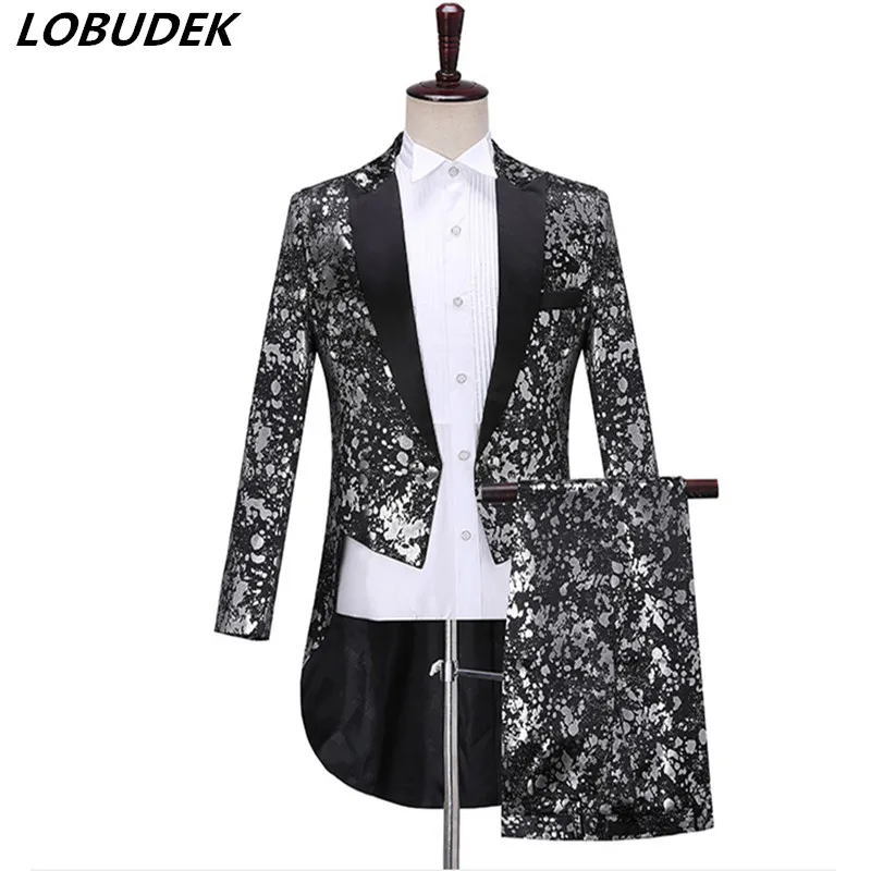 

(Tailcoat+Pants) Leopard-print Swallowtail Set Men's Magician Tuxedo Suit Singer Chorus Fashion 2-Pieces Outfits Prom Costume