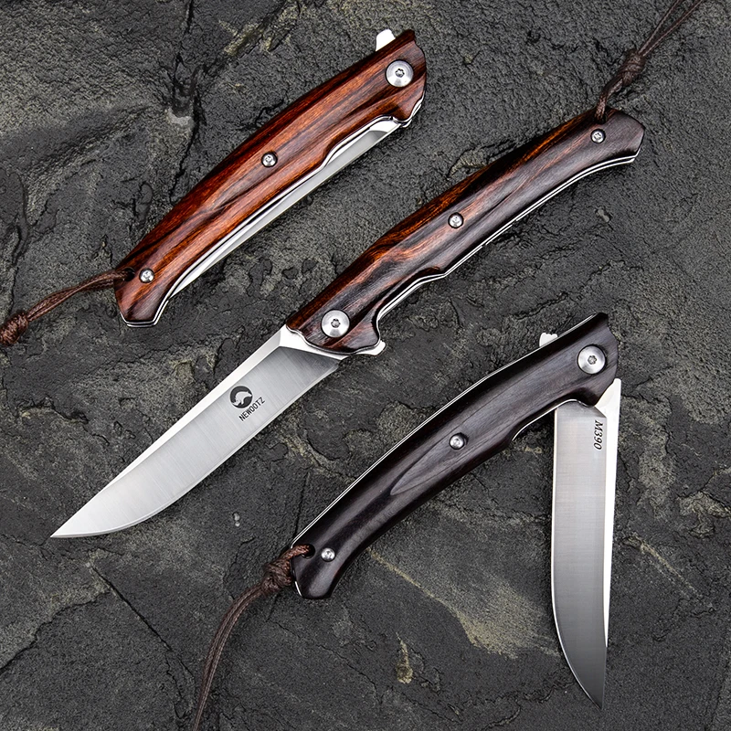 Bohler M390 스틸 블레이드 접이식 포켓 나이프 아이언 우드 손잡이, 칼집 EDC 도구, 야외 사냥 자기 방어 생존