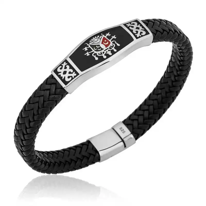 Sterling Silver Ottoman State Armed Original Leather Men's Bracelet 925 Sterling Men Jewelry Wedding Party Birthday Gift - Box -for - Bangle - Laides - Fashion