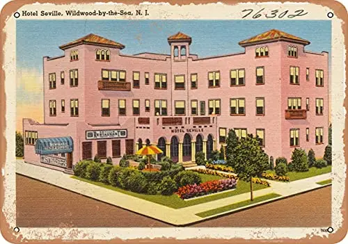 Cartel de Metal postal de Nueva Jersey, Hotel Seville, Wildwood, by The Sea, N. J. Decoración de pared de aspecto oxidado Vintage para cafetería, cerveza y Bar