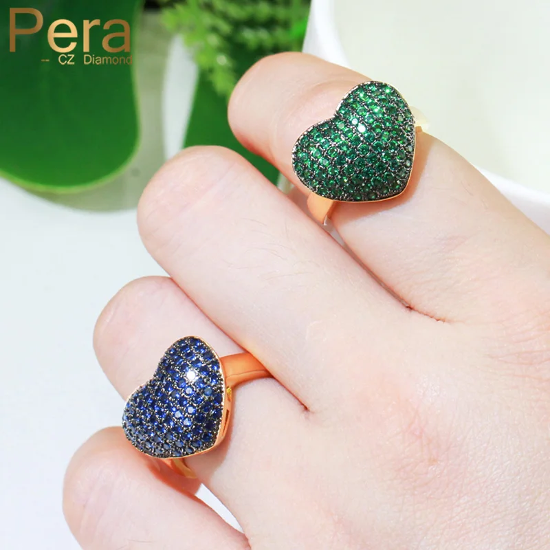 

Pera Classic Adjustable Finger Jewelry Dubai Gold Color Blue Green Cubic Zirconia Love Heart Bridal Wedding Bands Chic Ring R129