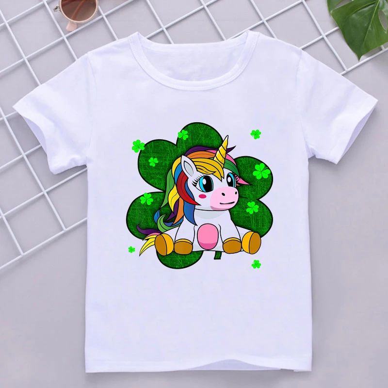 Funny kids t-shirt clover unicorn rainbow magic fantasy colorful unicorn magic graphic print t-shirt for boys/girls white tops