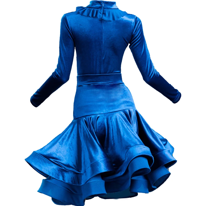 New Kids Dance Dresses Blue Velvet Tops Skirts Latin Dance Clothes Girls Latin Dance Dress Split Suit Stage Show Wear SL4286