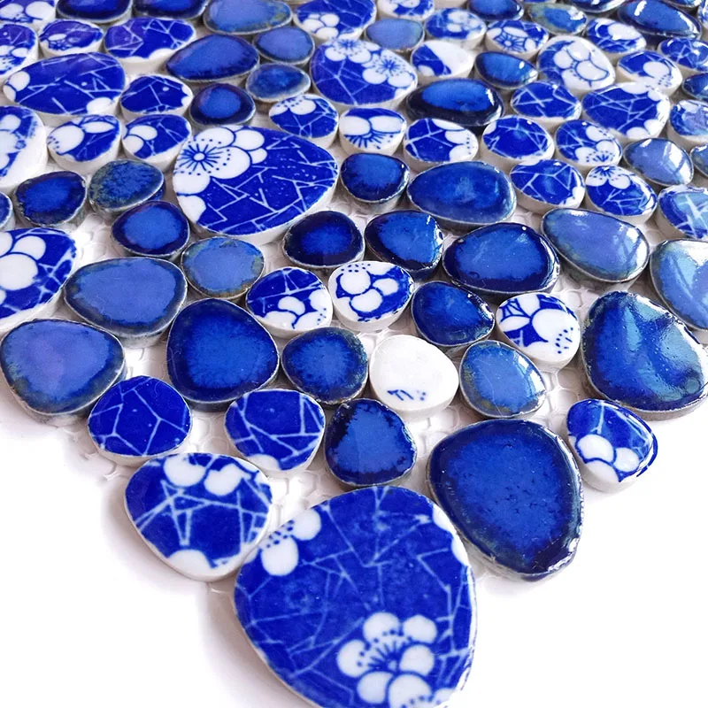 11PCS Blue White Flower Porcelain Glazed Ceramic Mosaic Tiles, Bathroom Shower kitchen backsplash swimming pool Wall Floor tiles