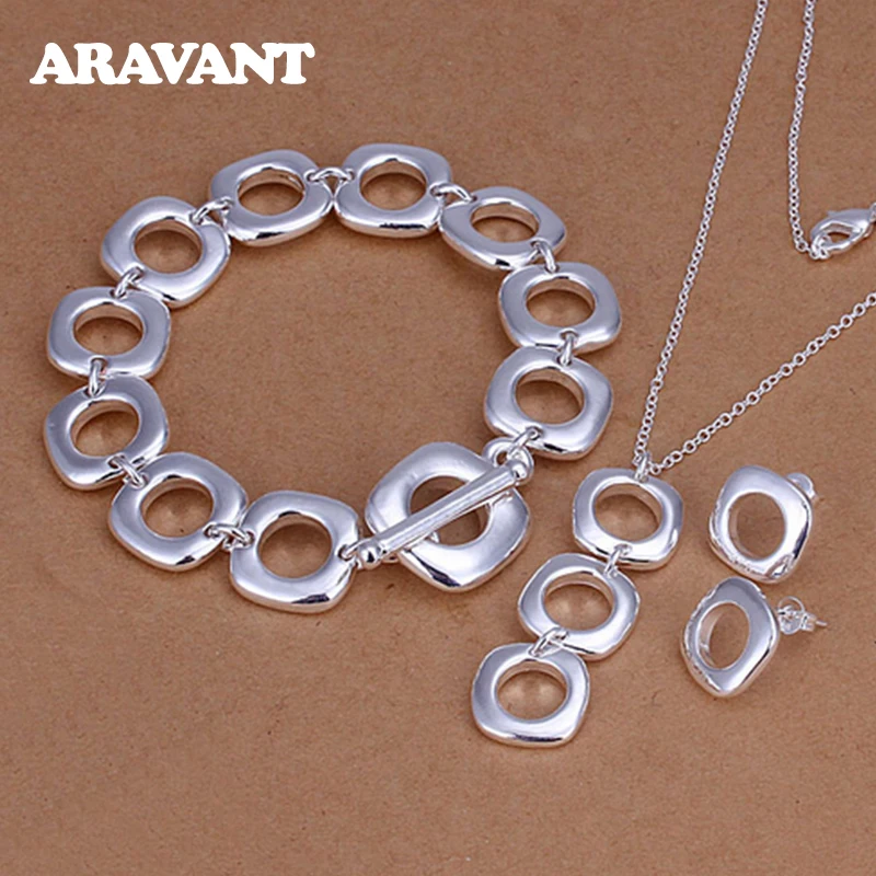 

925 Silver Jewelry Sets Square Necklaces Chain Bracelet Earring For Women Fashion Jewelry Set