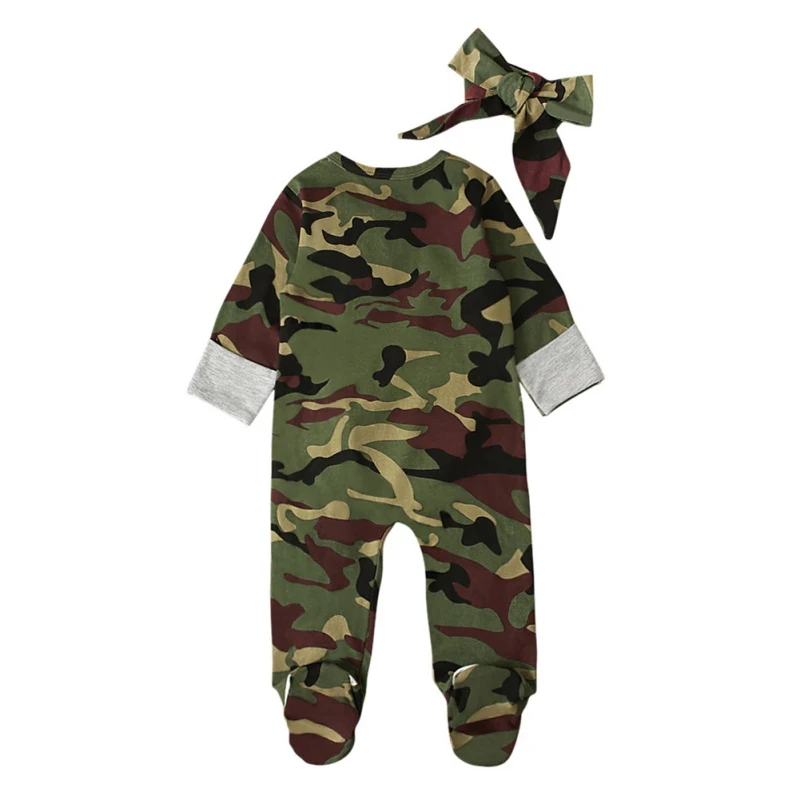 2Pcs Infant Toddlers Baby Boys Long Sleeve Camouflage One-piece Romper+Bow-Tie Headband Baby Clothing Outfits 0-9M