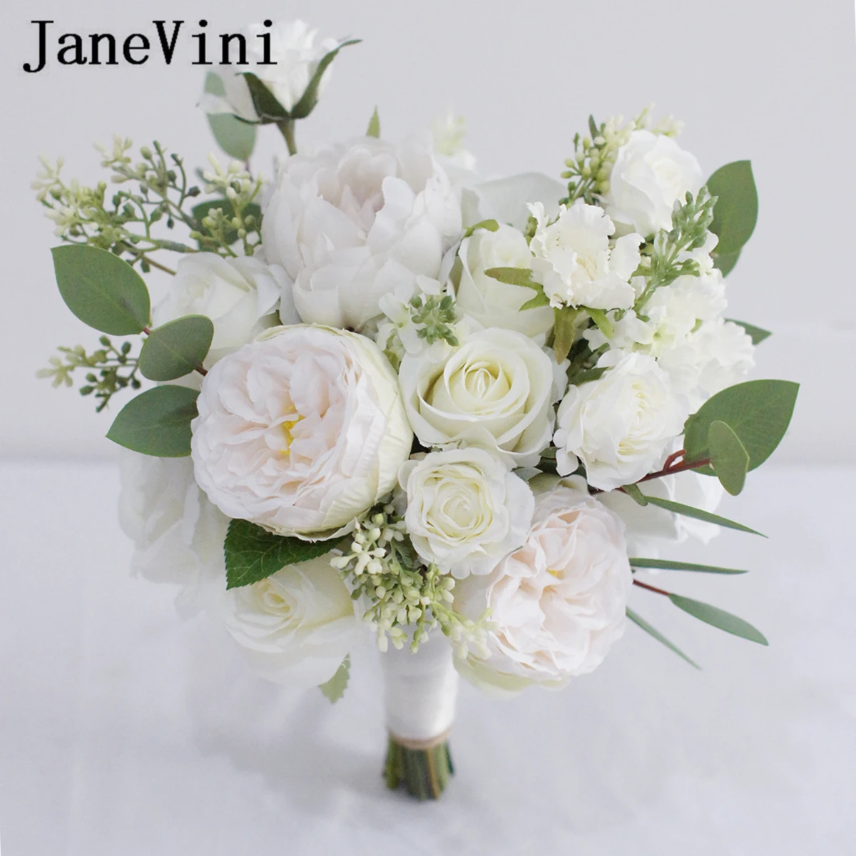 

JaneVini Elegant Boho White Flowers Bridal Bouquets Artificial Silk Roses Hydrangea Real Touch Wedding Hand Bouquet Accessories