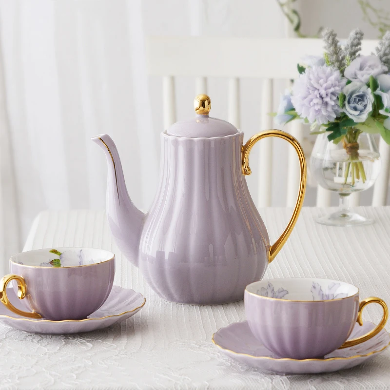 Macaroon Color Coffeeware Utensils Ceramic Afternoon Teapot Cup Set Pumpkin Shape Gardenia Printed Coffee Cup Kettle Set