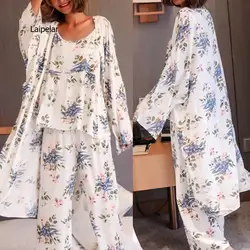 Women Pajamas 3 Pieces Satin Sleepwear Pijama Silk Home Wear Home Clothing Embroidery Sleep Lounge Pyjama Pyjamas Set