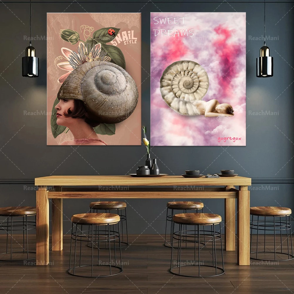 Snail girl decoration, nautilus girl sleeping in the cloud art wall decoration, poster female natural sky painting, animal femal