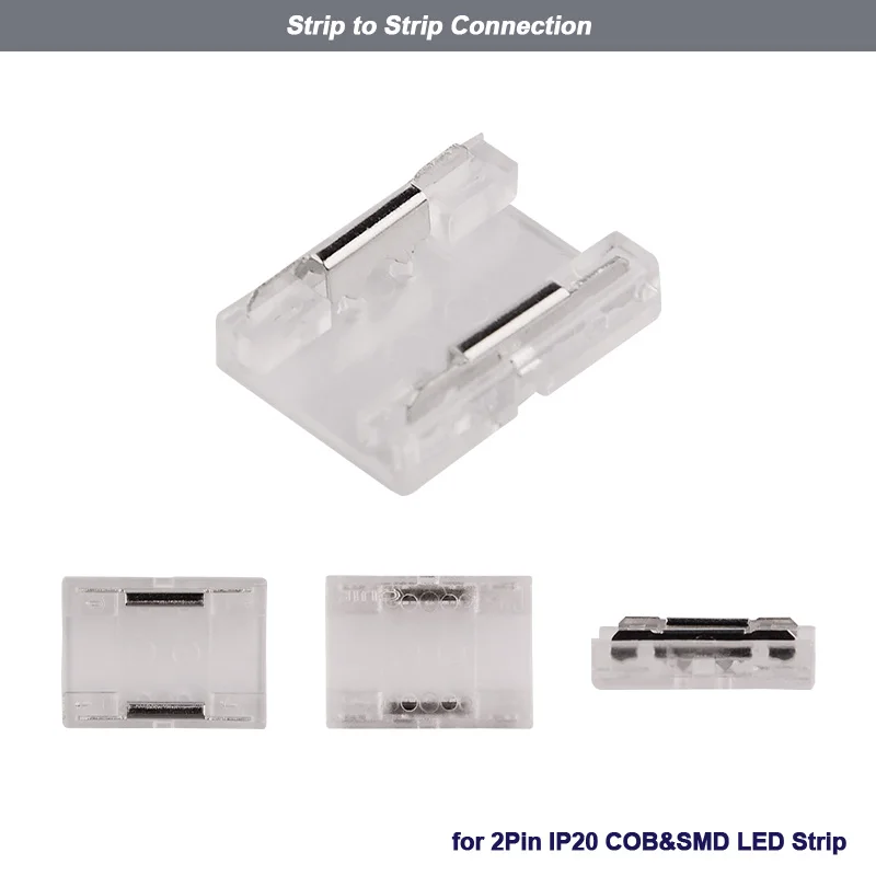 Conector de faixa de led de 2 pinos de 2 pinos 8mm 10mm para 5050 2835 3528 Luzes de tira de LED de espigas transparentes de extremidade dupla IP20 conectores
