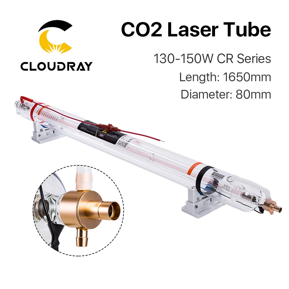 Cloudray-tubo láser CO2 serie CR CR130, 130-150W, longitud de 1650mm, diámetro de 80mm, tubo mejorado de vidrio con cabeza de Metal para máquina