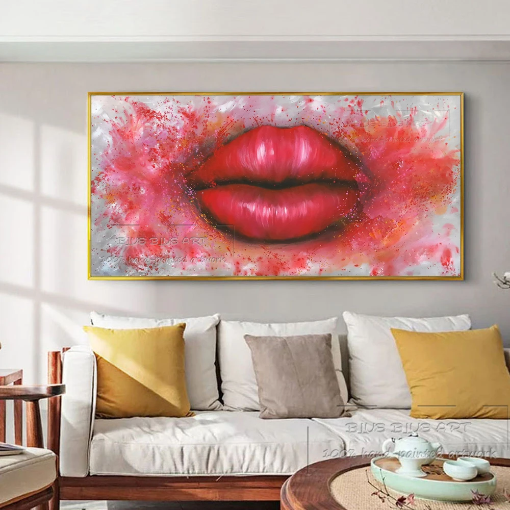 Hand-painted Sex Flame Red Lips Oil Painting on Canvas Big Mouth Red Lip Oil Painting Red Lip Picture for Wall Art Decoration