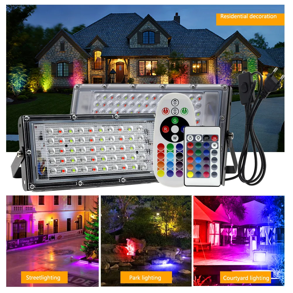 LED Flood Light Outdoor Waterproof 50W 100W 150W 220V Remote Landscape RGB Lighting Spotlight With EU Plug Garden Decor Light