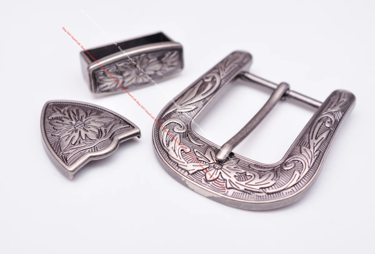Huge Western Cowboy Cowgirl Rodeo 3PCS Set Silver Flower Embrossed DIY Leather Belt Buckle Replacement Fit 35mm Belt Strap