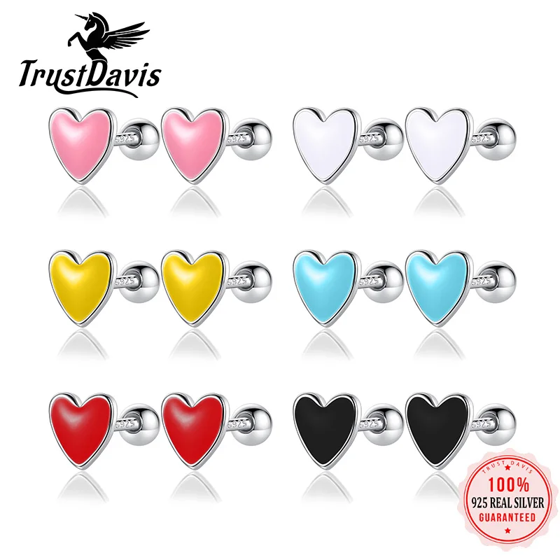 TrustDavis prawdziwe 925 srebro moda kolor glazury serce śruba stadniny kolczyki dla kobiet Wedding Party Fine Jewelry DA3011