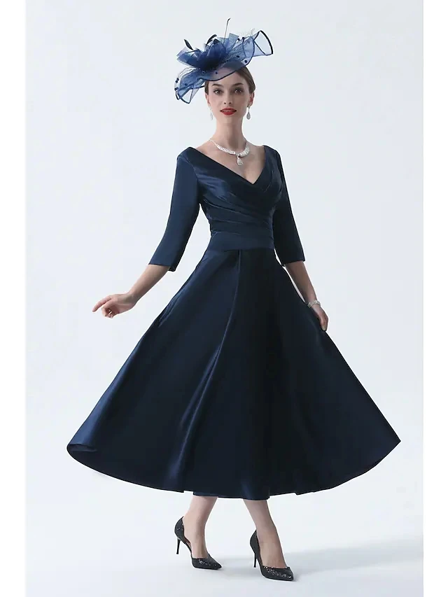 Navy Blue A-Line Mother of the Bride Dress Plus Size Elegant Vintage V Neck Tea Length Satin Party Gown Robe De Soiree