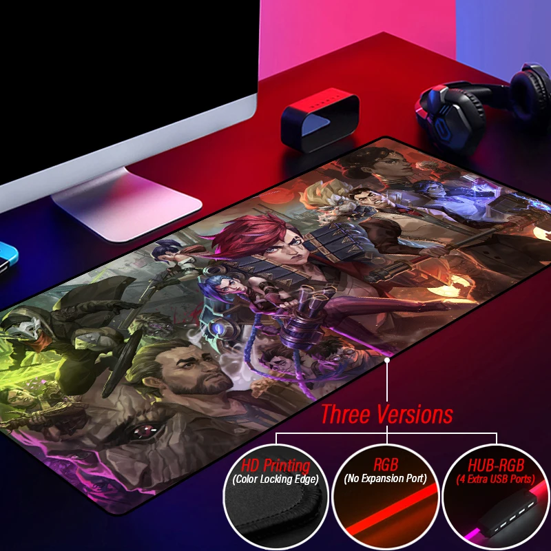 League of Legends LED Light Mousepad Jinx Jayce Caitlyn Vi RGB Custom LOL Colorful Surface Arcane Mouse Pad With HUB 4 Port USB