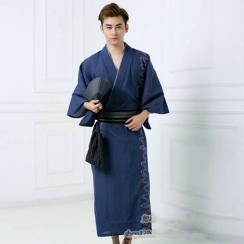 

Yukata Men High Quality Japan Style Traditional Pajamas Homme Samurai Kimono Asian Clothes Homewear Robe Obi Long Kimonos Yukata