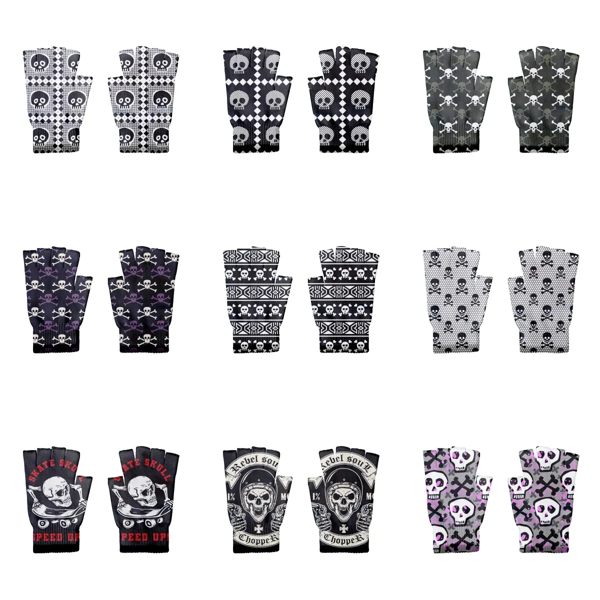 Hip Hop Gloves 3D Skull Print Unisex Winter Knitted Half Finger Gloves Women's Windproof Riding Touch Screen Fingerless Gloves