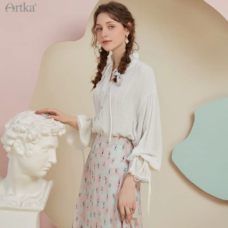 ARTKA 2022 Spring New Women Blouse Elegant Vintage Stand Collar Lace-up Shirts Palace Style Lantern Sleeve White Shirt SA20121C