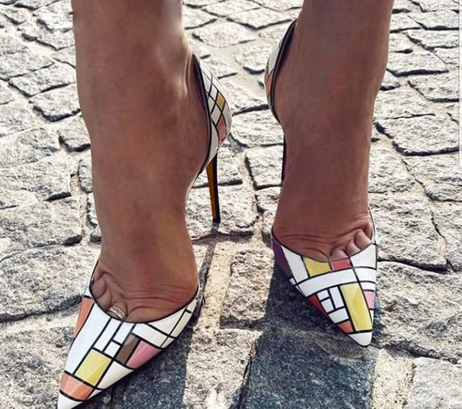 Woman Sexy Multi-Colors Plaid Grid Patent Leather Stiletto Heel Pumps Side Cut Slip-On High Heels Checkered Formal Dress Shoes