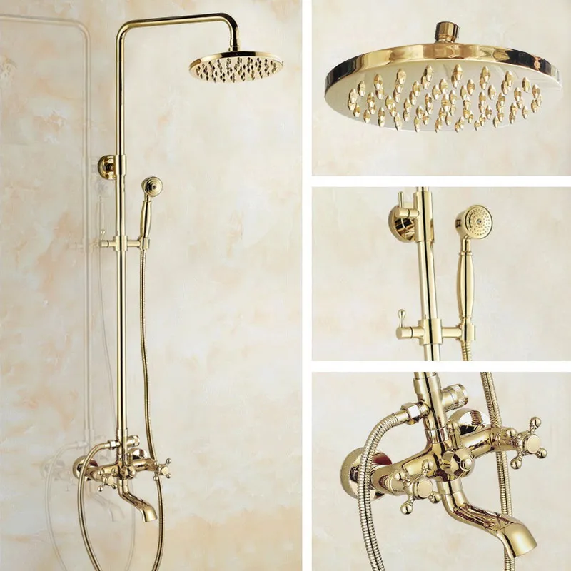 Imagem -06 - Gold Color Brass Two Cross Alças Wall Mounted Banheiro Rain Shower Cabeça Banheira Torneira Conjunto Telefone Forma Mão Spray Mgf382