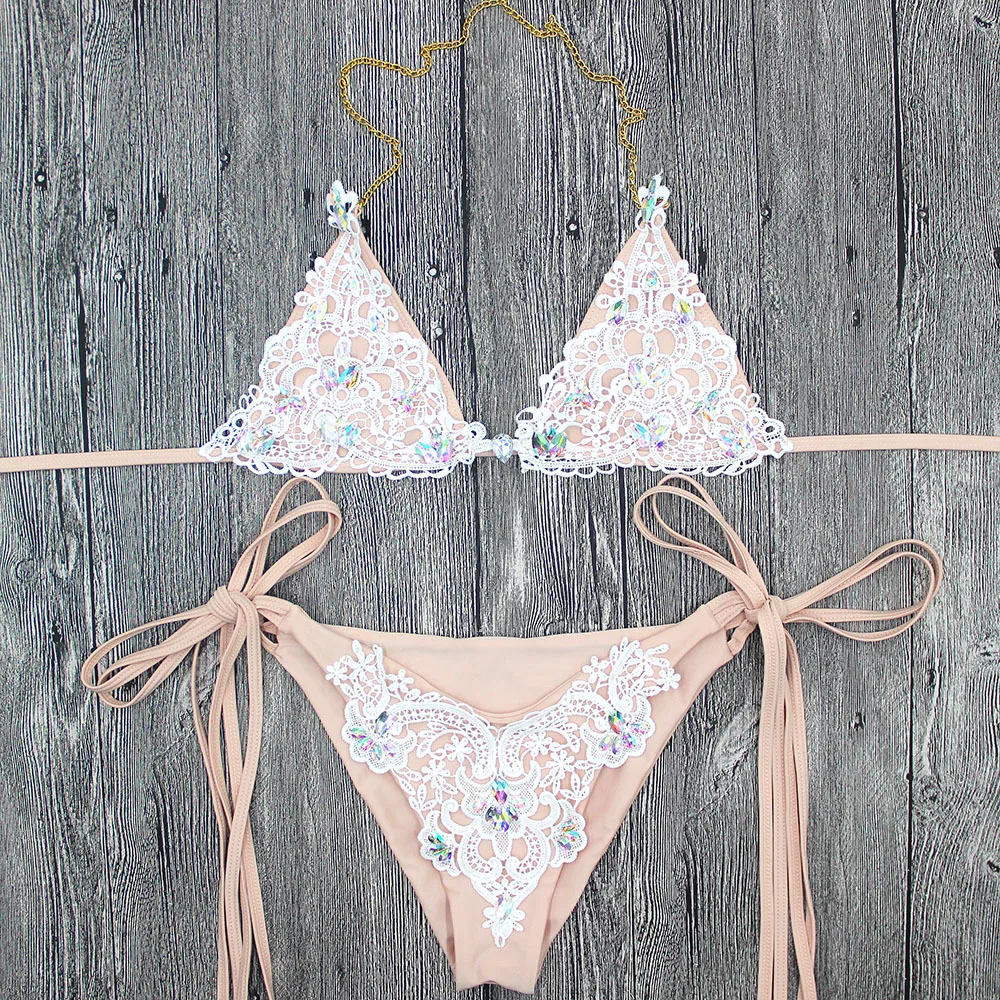 Sexy Sequin Lace  Split Strappy Swimsuit Women Rhinestone Bikini Befree Body Two piece Beach Party Lace Up champagne ColorBikini