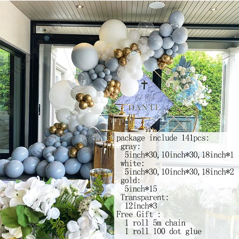 

141pcs Gray Balloons Garland Arch Kit Chrome Gold Balloon Set for Birthday Wedding Bridal Shower Backdrop Party Decoration