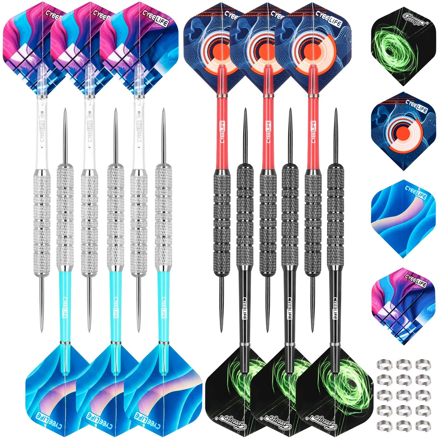 CyeeLife 18g Steel tip darts Professional 12 Packs With PVC Shafts 4 Colors and 12 Flights+Metal Spring O Rings