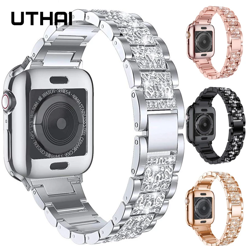 

UTHAI P50 Stainless Steel strap for Apple Watch band 44 mm 40mm Diamond Strap For iwatch6 5 SE 4 Bracelet for Apple series 321