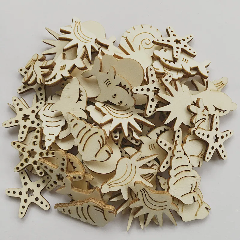 50pcs Starfish Shark Undersea Wood Slice  Marine Animals Baby Shower DIY Wooden Scrapbooking Craft Handmade Accessory Decoration