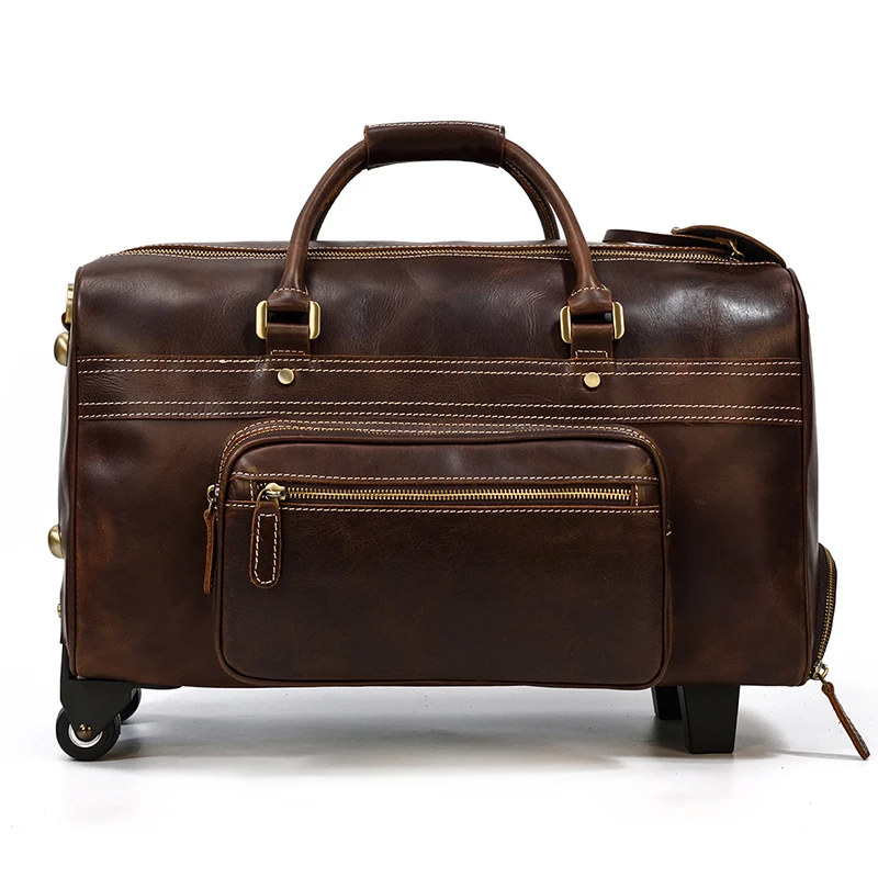 Bolso grande de cuero genuino para hombre, bolsa de viaje con ruedas, cuero de vaca, 20 \