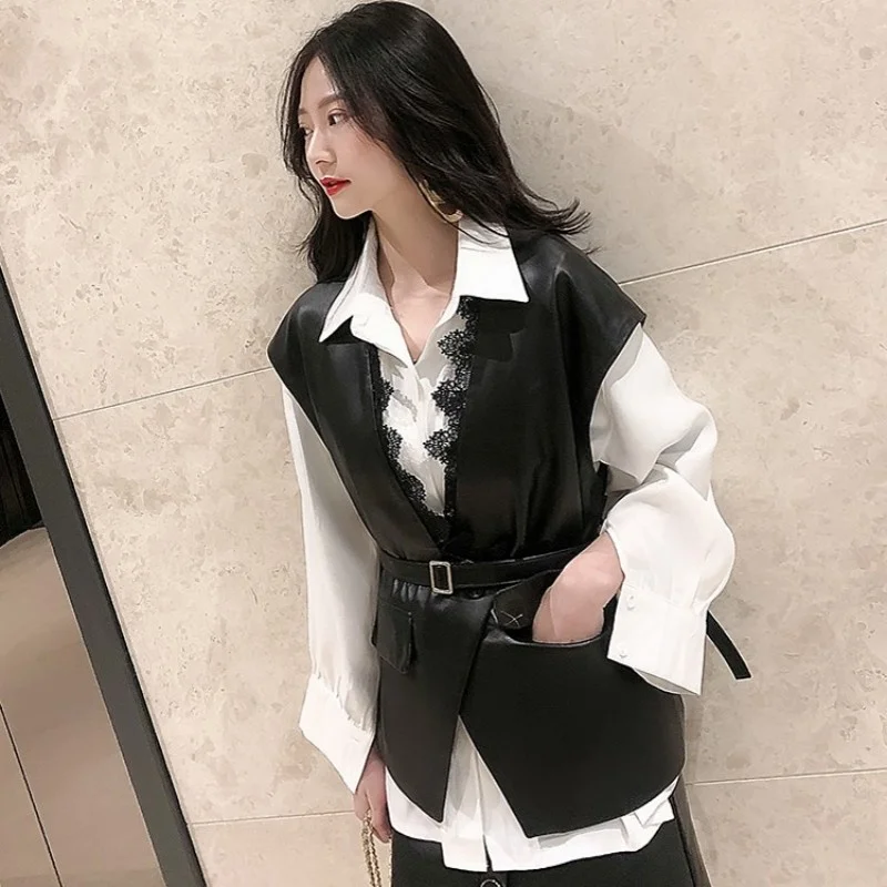 

Lace Elegant Patchwork Slim Sheepskin V-Neck Vest Women Streetwear Single Button Waistcoat 100% Real Leather Sleeveless Jacket