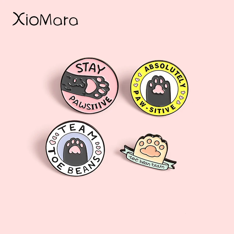 Cute Cat Paws Enamel Pins Stay Pawsitive Round Brooches Lapel Badges Wholesale Cartoon Animal Pin Jewelry Gifts for Friend