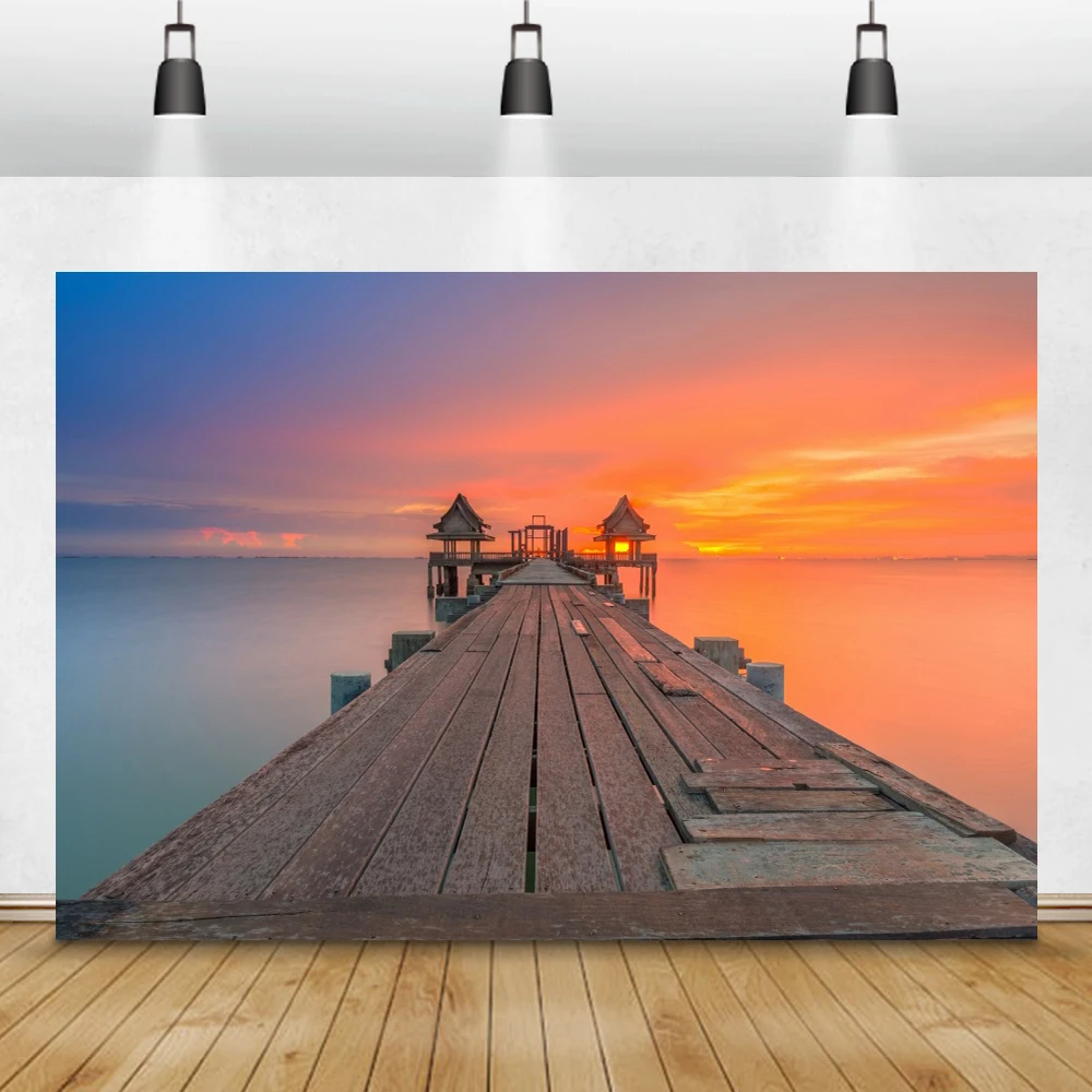 Laeacco الغيوم البحر الخشب جسر الاستوائية الصيف عطلة خلفيات للتصوير الفوتوغرافي صور خلفيات للصور استوديو فوتوزون