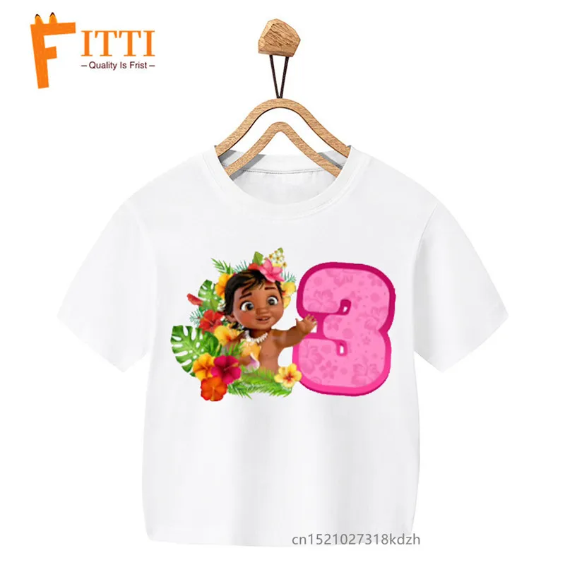 T-shirt blanc imprimé fleurs et nombres d\'anniversaire Moana pour filles, vêtements amusants Kawaii d\'été pour enfants, vêtements pour petits bébés,