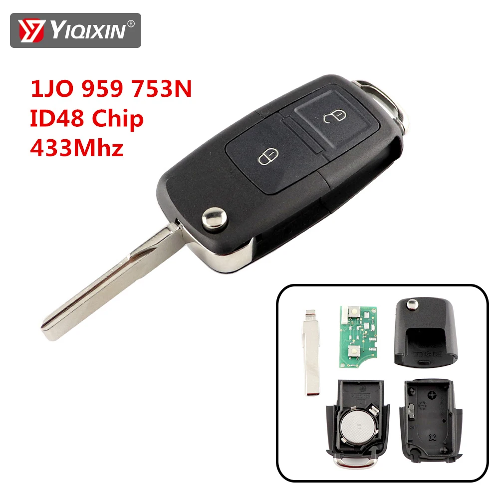 YIQIXN 2 Button Flip Remote Car Key For VW Lupo Bora Passat Polo Golf Beetle Touran Transporter 1JO 959 753N ID48 Chip 433Mhz