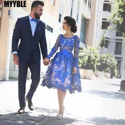 MYYBLE Royal Blue 2022 Cheap Elegant Cocktail Dresses A-line Long Sleeves Lace Appliques Plus Size Short Homecoming Dress