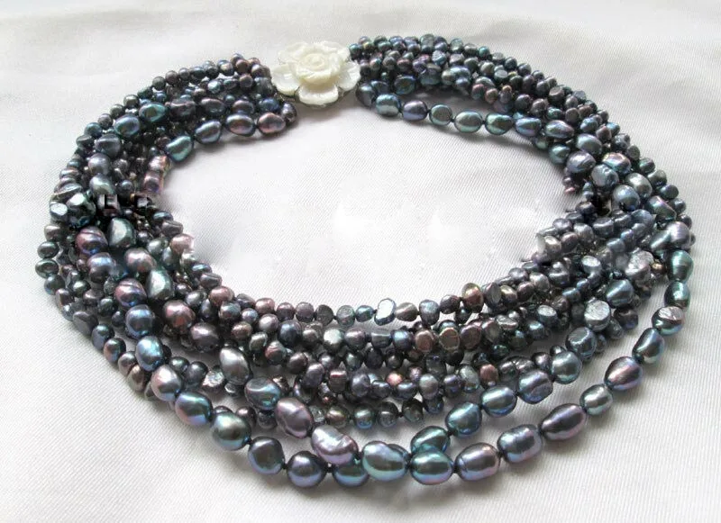 Exclusive design  Fine Jewelry 9row 4-5-7-8mm black baroque freshwater pearl necklace-shell clasp