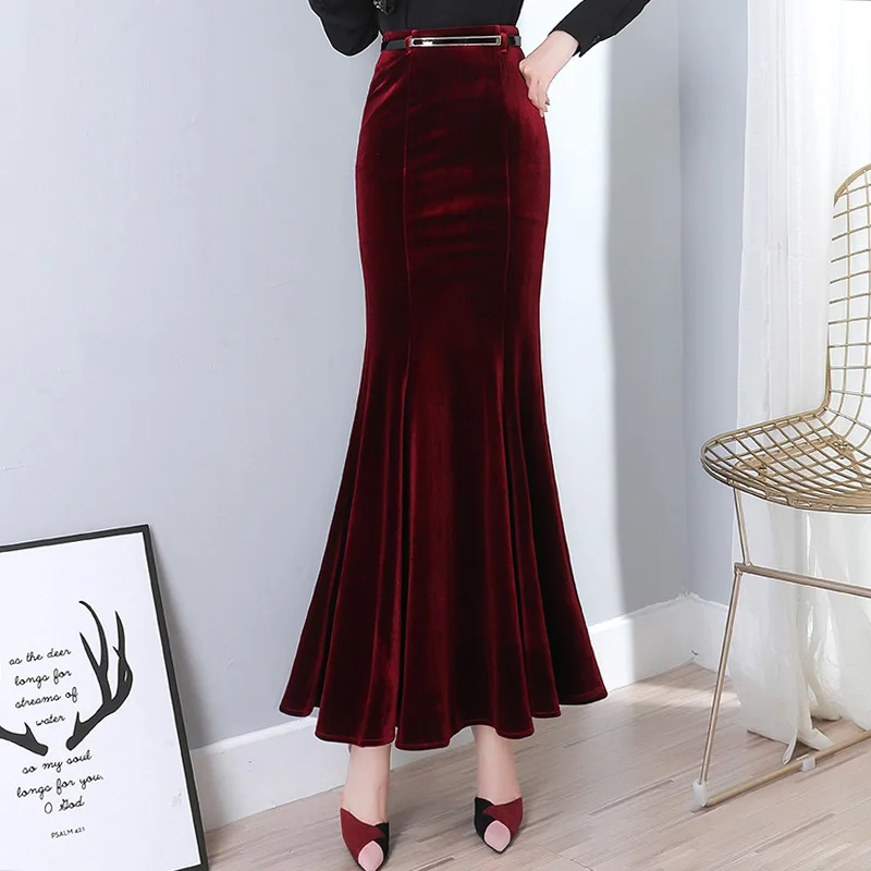 2022  Autumn Vintage Velvet Black Long Mermaid Skirt 2020 Fashion Women Elegant Velour Skirts With Belt DQ1279