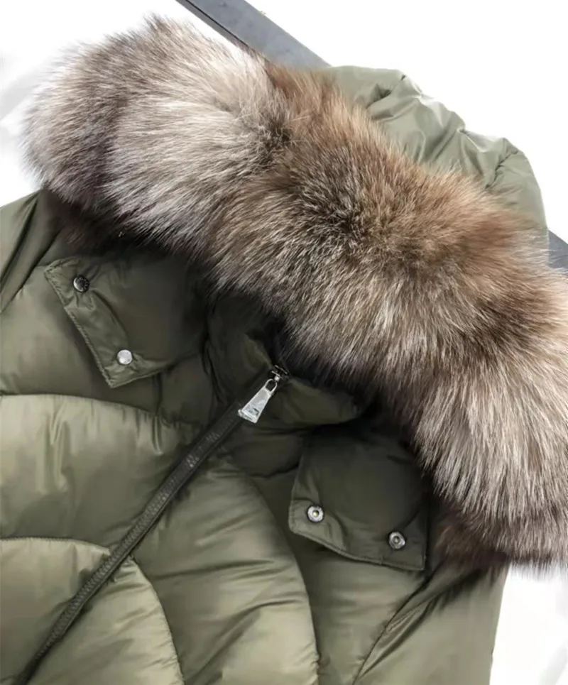 High Quality Women Fashion Hooded Down Jackets Large Fox Fur Collar Light Fluffy Winter Warm Down Coats with Belt Casual Clothes