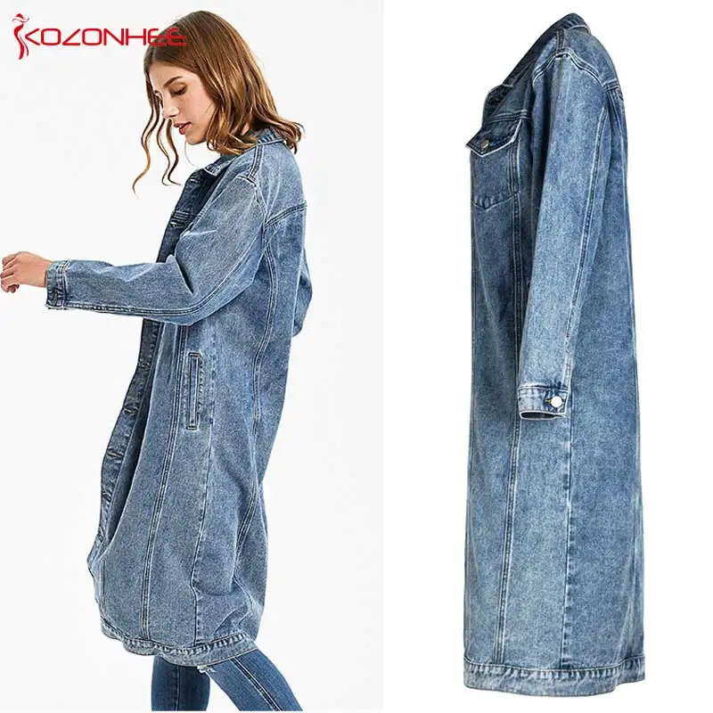 Fashion Blue Inelastic Women Long Denim Trench Coat Women Jeans Coats Casual Pocket Trench Denim Women Vintage Jeans Jacket  #07