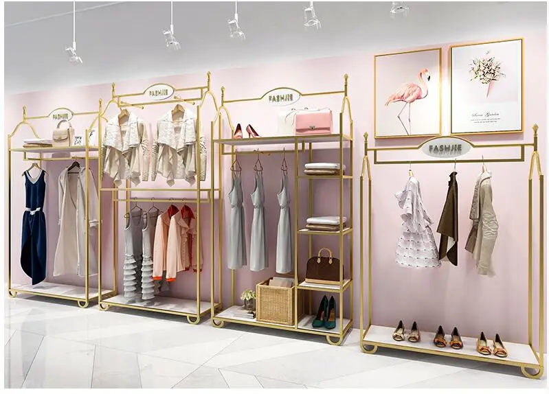 Clothing store display rack floor-standing gold double layer women's clothing store dedicated clothes rack